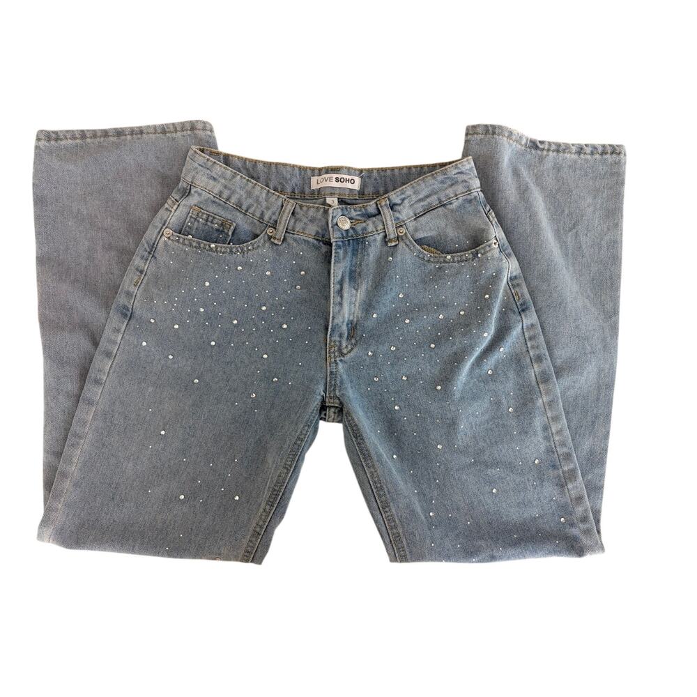 Love Soho Rhinestone Embellished Straight Leg Jeans Light Wash Denim Size 3